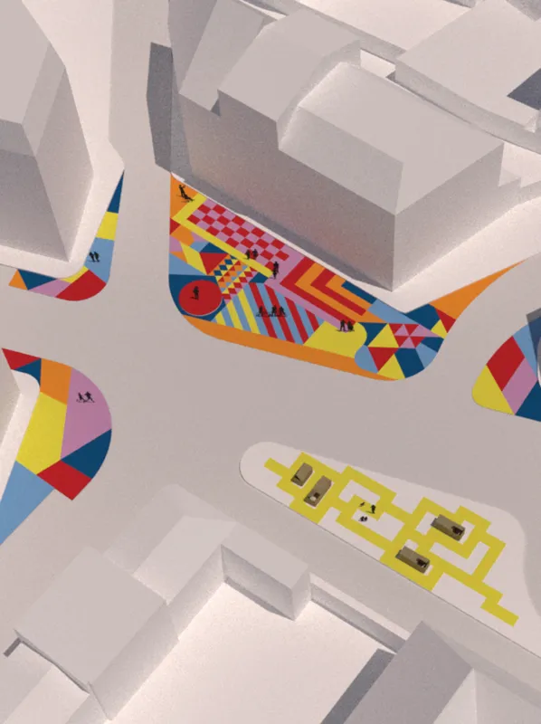 Simulation 3D de la place : trottoirs élargis couverts de motifs colorés